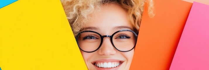 Poster - Vibrant Gen Z Professional Bold Color-Block Aesthetic Showcasing Confident Millennial Workplace Identity with Modern Eyewear and Radiant Authenticity