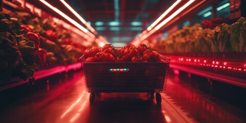 Poster - Futuristic Retail Automation AI-Driven Shopping Cart in Neon-Lit Hypermodern Supermarket, Revolutionizing Consumer Experience with Smart Technology
