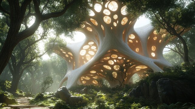 Sunlit, organic structure nestled within a lush forest, showcasing intricate design and natural integration