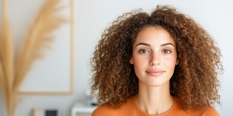 Poster - Authentic Gen Z Professional Portrait Empowered Curly-Haired Female in Warm Orange, Soft Minimalist Workspace - Contemporary Personal Branding Imagery