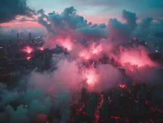 Aufkleber - Immersive Nocturnal Spectacle Dreams of Reason Feast Day Illuminating Urban Dreamscape - Cinematic Cityscape Celebration in Ethereal Neon Twilight