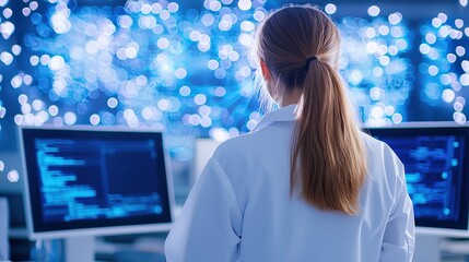 Poster - A woman in a lab coat analyzes data on computers, surrounded by a blurred, illuminated background, suggesting a high-tech environment, health info records management.