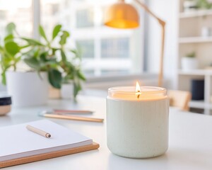 Leinwandbilder - Mindful Workspace Sanctuary Minimalist Ceramic Candle Illuminates Serene Home Office with Botanical Wellness Styling - Productivity Meets Holistic Design Inspiration