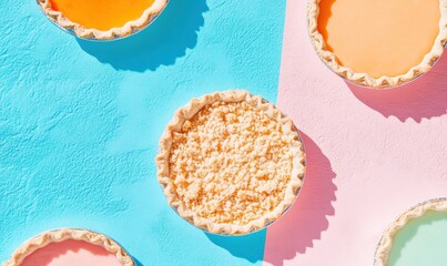 Poster - Chromatic Culinary Canvas Deconstructed Pie Art Showcasing Gourmet Minimalism, Color Block Food Styling for Digital Content Creation
