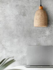 Poster - Minimalist Digital Workspace Woven Pendant Lamp and Sleek Laptop on Textured Concrete - Modern Creative Professional Aesthetic for Remote Work and Design Innovation