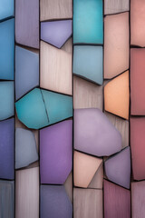 Poster - Colorful geometric shapes arranged on a wooden background create an artistic display