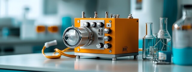 Poster - A complex precision engineered optical amplifier with a striking minimalist industrial design featuring polished metal casing illuminated control panels and intricate wiring presented in a well lit