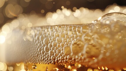 Aufkleber - Close up of golden beer bubbles rising in a glass with sparkling bokeh background