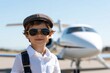 © Milos - A young boy wearing a stylish hat and sunglasses stands by a private aircraft, symbolizing ambition and a love for aviation in a vibrant setting.