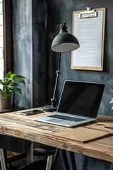 Poster - Laptop computer sitting on a wooden desk in a home office with a clipboard and lamp