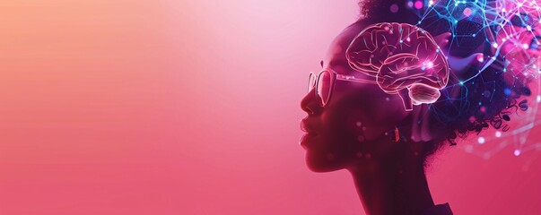 Poster - Silhouette of a young woman with a brain illustration showing neural connections