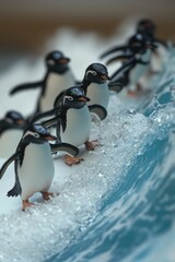 Wall Mural - Penguin figurines surfing on a simulated wave.