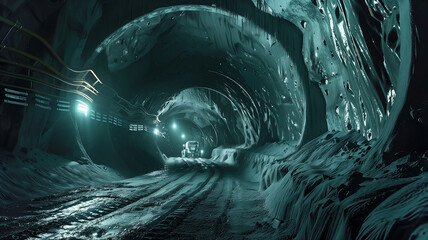 Poster - This Heavy machinery operates in a tunnel, excavating regolith from an asteroid for extraction purposes.