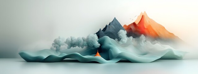 Poster - Captivating digital depicting a surreal mountainscape shrouded in fog and mist with undulating azure currents and geometric flowing forms that suggest a fusion of nature and technology