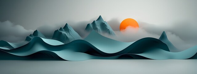 Poster - Captivating digital landscape composed of azure toned wavy mountain like formations cascading over a stark grayscale expanse suggesting the boundless creative scope of cutting edge digital mediums
