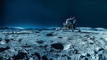 Poster - This Advanced machinery conducts regolith extraction on the moon's surface under a starry sky.