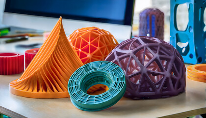 Poster - Colorful geometric shapes made from 3D printing materials on a table