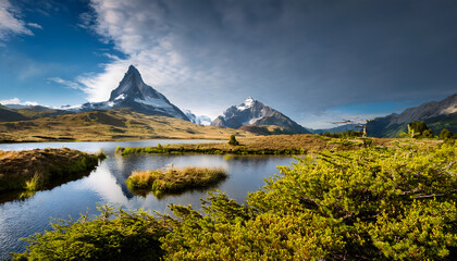 Poster - Scenic mountain landscape with a reflective lake and lush greenery