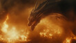 © Wasin Arsasoi - Fiery Dragon's Gaze: A majestic dragon emerges from a fiery inferno, its scales shimmering, eyes glowing with an ancient, powerful aura, exuding mythic grandeur.