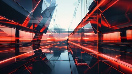 Poster - futuristic abstract building shapes with glowing edges and reflective surfaces.