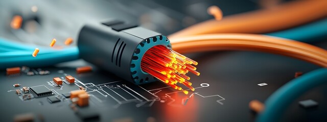 Poster - Cutting Edge Optical Fiber Amplifier System Showcasing Advanced Amplification Process and Complex Technical Components  Intricate Fiber Optic Cables Glowing with Vibrant Colors