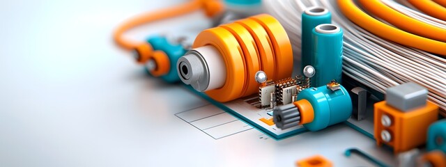 Poster - Detailed schematic of an optical fiber amplifier system featuring delicate strands of illuminated optical fibers precisely engineered electronic modules and signal processors