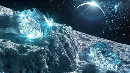 Poster - This Crystals surface from asteroid soil during space excavation, revealing valuable resources.