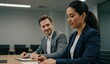 © sitifatimah - Caucasian man and Hispanic woman in professional meeting discussing strategies in modern office. Themes of teamwork, diversity.