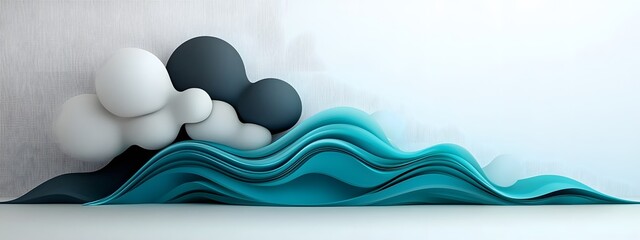 Poster - flowing azure digital tides pulsing through a minimalist black and white landscape visualizing the t