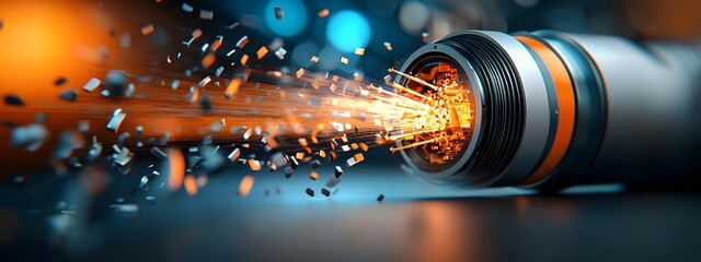 Poster - Glistening light beams intensifying within the internal structures of a futuristic optical amplifier device featuring a sleek metallic casing intricate circuitry and components