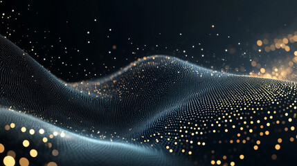 Poster - Abstract dark blue and gold dot pattern with bokeh lights in the background forming waves