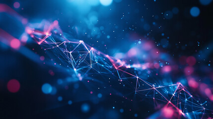 Fototapete - Abstract network of connected lines and dots with blue and pink lights in the background