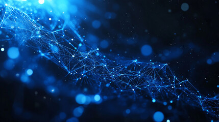 Fototapete - A vibrant blue network structure with connecting lines and nodes against a dark blurred background