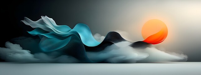 Poster - Hypnotic azure digital waveforms coursing through a stark black and white realm ethereal data visualizations and luminous trails