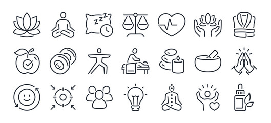 wellness editable stroke outline icons set isolated on white background flat vector illustration. pi