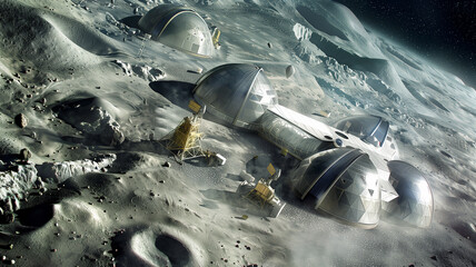 Poster - This High-tech structures are mining asteroids and refining lunar regolith for resources.