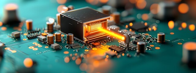 Poster - Luminous light beam energizing an optical amplifier component glowing electronic circuit board with intricate microtechnology reflected illumination technical schematic cinematic lighting