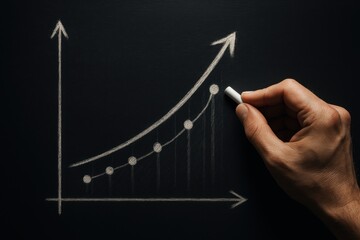 Poster - Ascending Curve: A person's hand meticulously draws an upward-trending graph, symbolizing growth and progress, against a stark black backdrop.