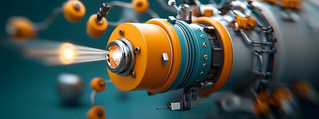 Poster - Luminous optical pathways converging in a high tech optical amplifier  featuring gleaming metallic surfaces  intricate wiring and circuit boards  refracting light waves  and shimmering energy pulses
