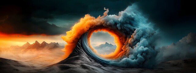 Poster - Mesmerizing azure digital vortexes swirling and converging over a monochromatic natural landscape conveying the transcendent essence of data driven metamorphosis and dramatic chiaroscuro