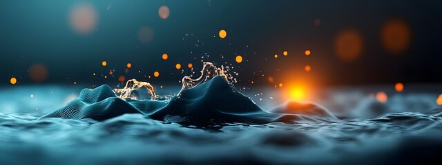 Fototapete - Mesmerizing azure digital waves undulating and flowing through a futuristic virtual environment filled with intricate glowing holographic geometric structures