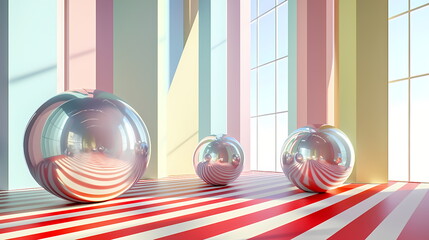 Poster - Chrome spheres reflecting striped floor in pastel room