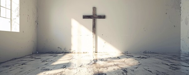 Aufkleber - Sunlit room with an empty grunge setting and a large wooden cross standing in the corner
