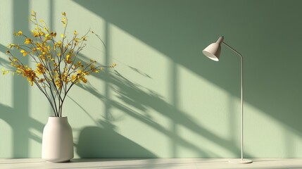 Poster - Sunlit Serenity: A minimalist interior scene, casting long shadows, features a vase of vibrant yellow flowers and a sleek floor lamp against a muted pastel wall.