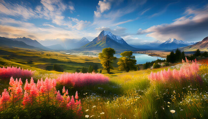 Poster - Vibrant landscape with mountains, lake, and colorful flowers under a blue sky