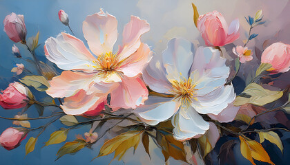 Poster - Blooming flowers in soft pastel hues with a textured artistic finish