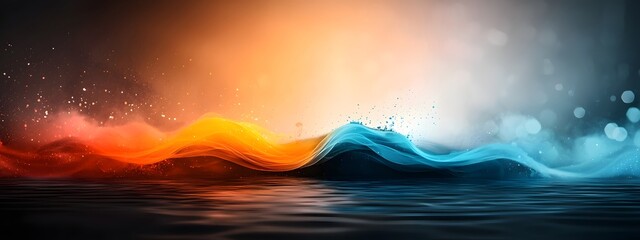 Poster - Radiant digital oscillations of cobalt blue and warm tones sweeping across a dark and light toned backdrop evoking the unstoppable flow of contemporary data and technological innovation  Cinematic