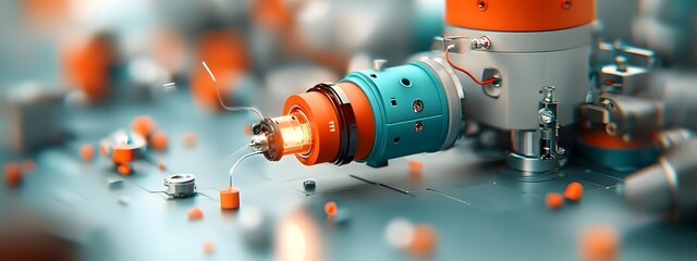 Poster - Radiant light beams emanating from an intricate optical amplifier device designed for powerful signal boosting in cutting edge scientific equipment  The sleek futuristic design features a aesthetic
