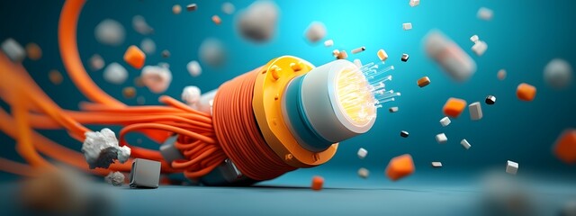 Poster - Shimmering luminescent waves pulsing through an intricate web of fiber optic cables showcasing the advanced technological and experimental scientific apparatus at work