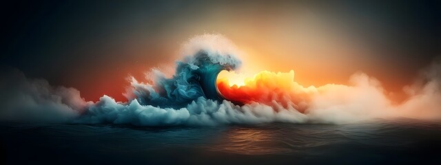 Poster - Striking azure digital waves crashing against a dark and light geometric landscape conveying the ceaseless flow of information and data in the digital age